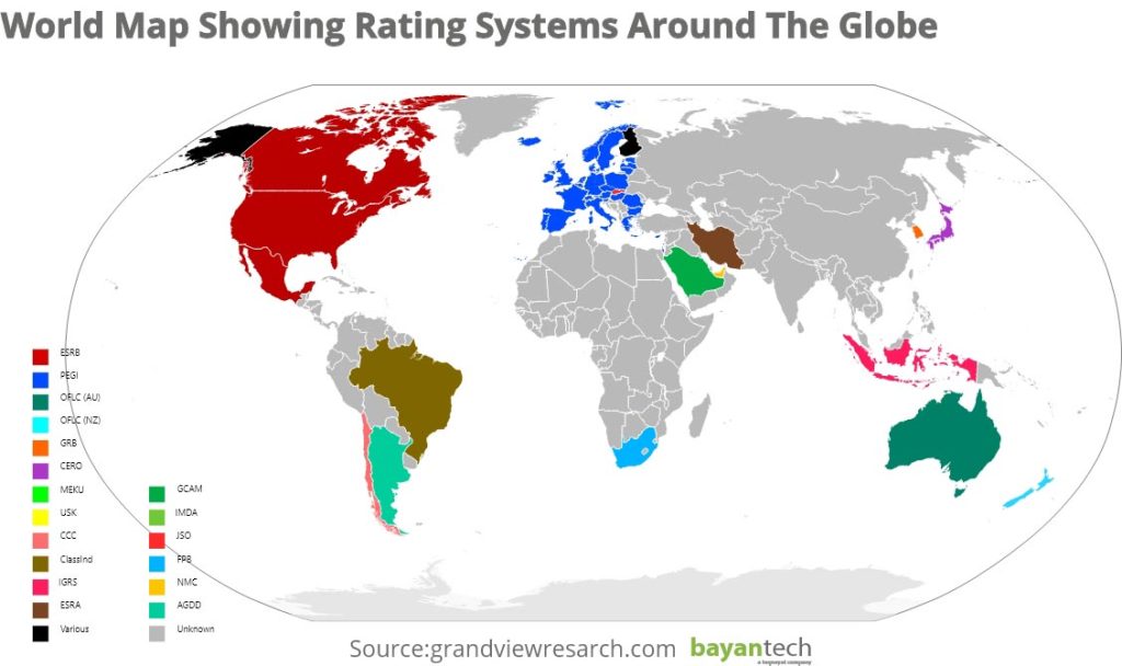 World Map Showing Rating Systems Around The Globe