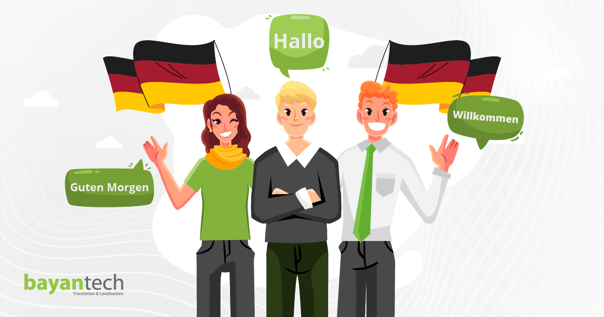 A cheerful gathering of individuals waving German flags, enthusiastically saying "hello" in a lively atmosphere.