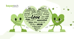 Two green hearts displaying the word "love," illustrating the theme of love in different languages.