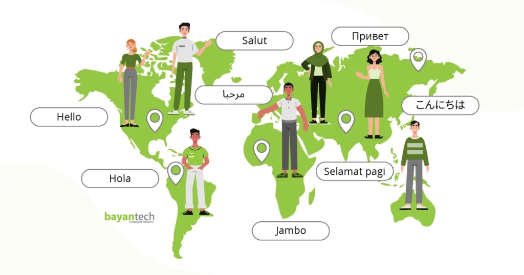 Diverse people gather around a green world map, highlighting the celebration of International Mother Language Day.