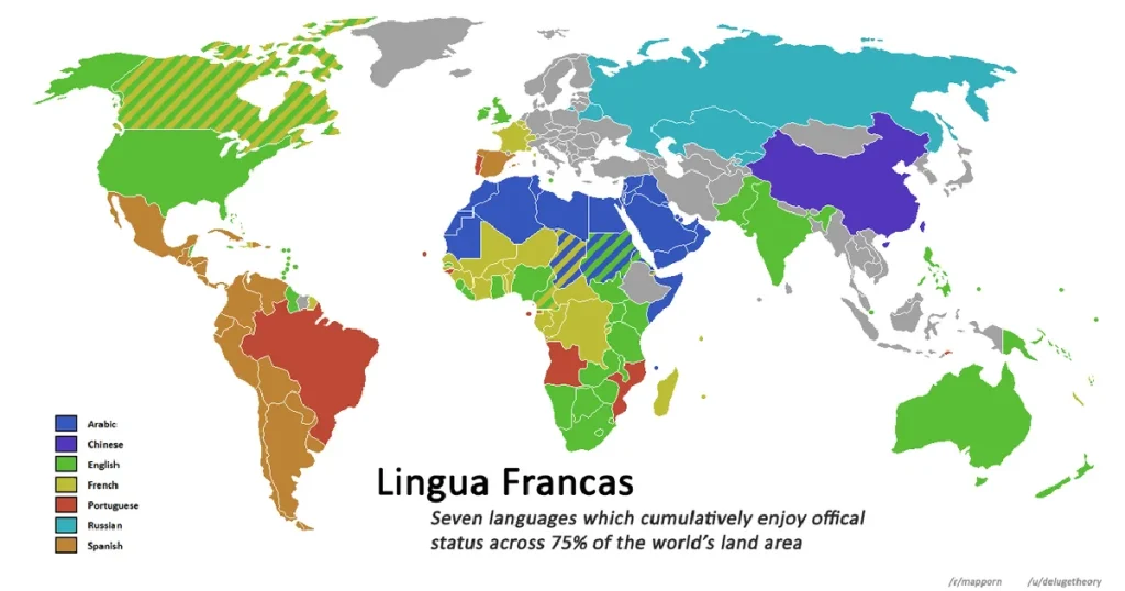 A colorful world map highlighting various languages, illustrating the diversity of native tongues and lingua franca globally.