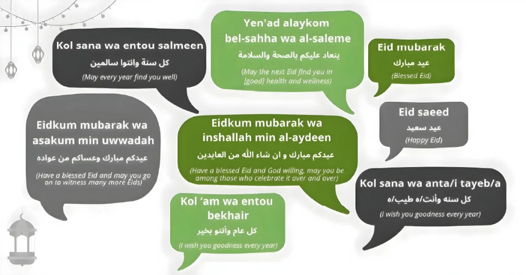 1. Colorful speech bubbles with "Eid Mubarak" text, representing diverse regional expressions of Eid al-Fitr across the Arab world.