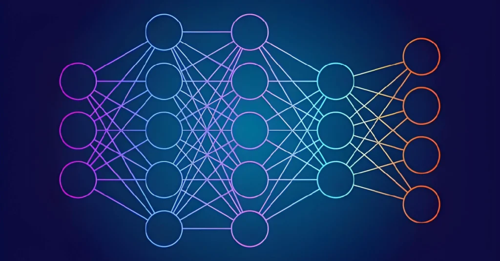 A network of interconnected circles and lines on a blue background, symbolizing neural machine translation concepts.