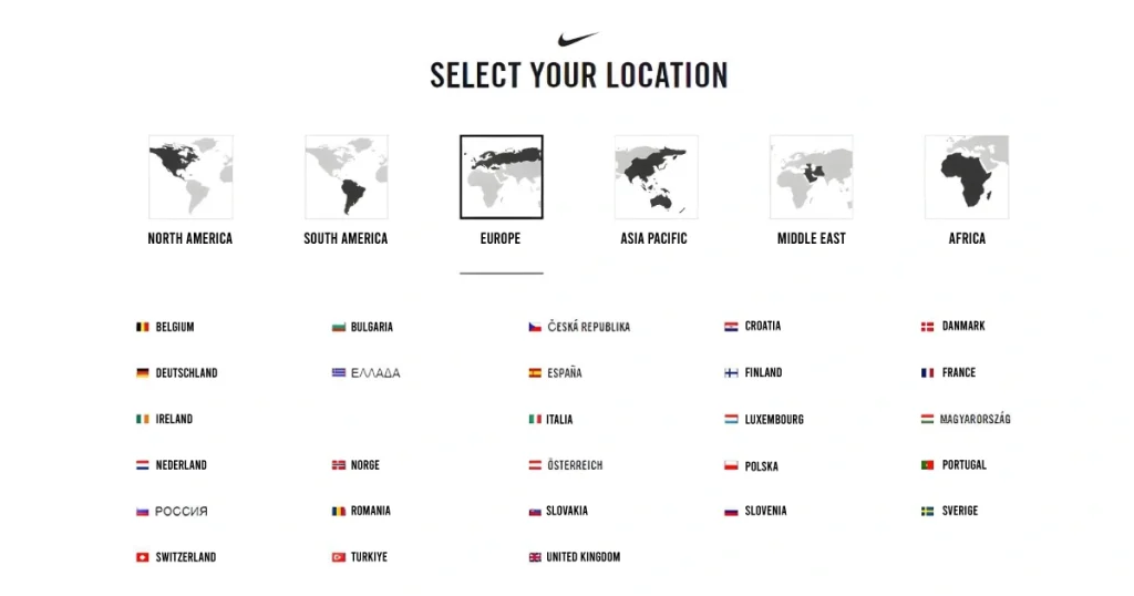 Map by Nike showing country locations, highlighting the need for cultural adaptation and localization in a borderless economy.