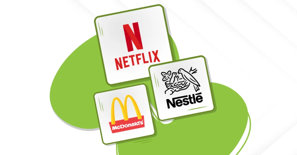 Logos of Netflix, McDonald's, and Nike on a green and white background, highlighting their international marketing strategies.