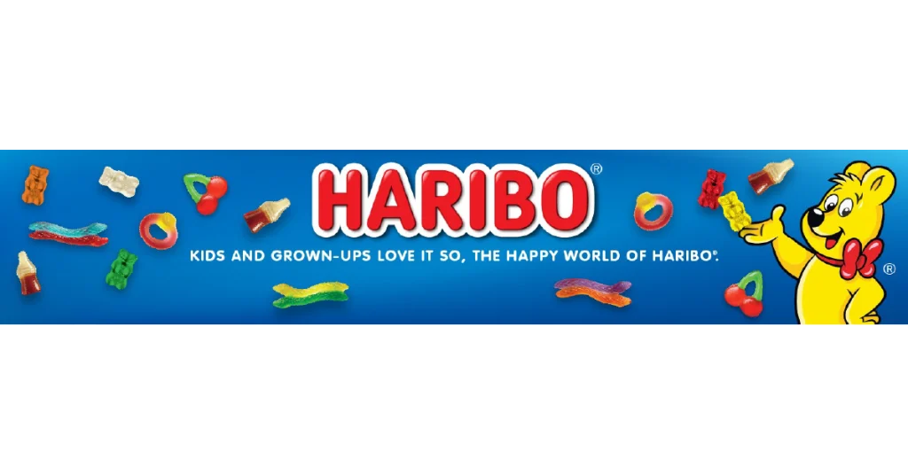 A playful display of Haribo kids' toys, showcasing two smiling bears that bring happiness to children and adults alike.