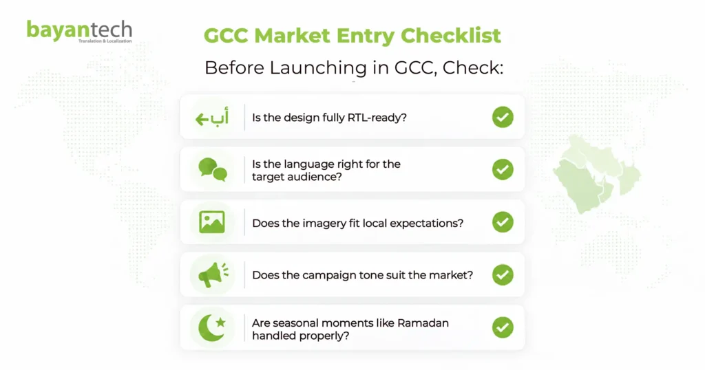 GCC brand localization checklist covering Arabic RTL design, regional language preferences, culturally appropriate imagery, campaign tone, and Ramadan marketing.
