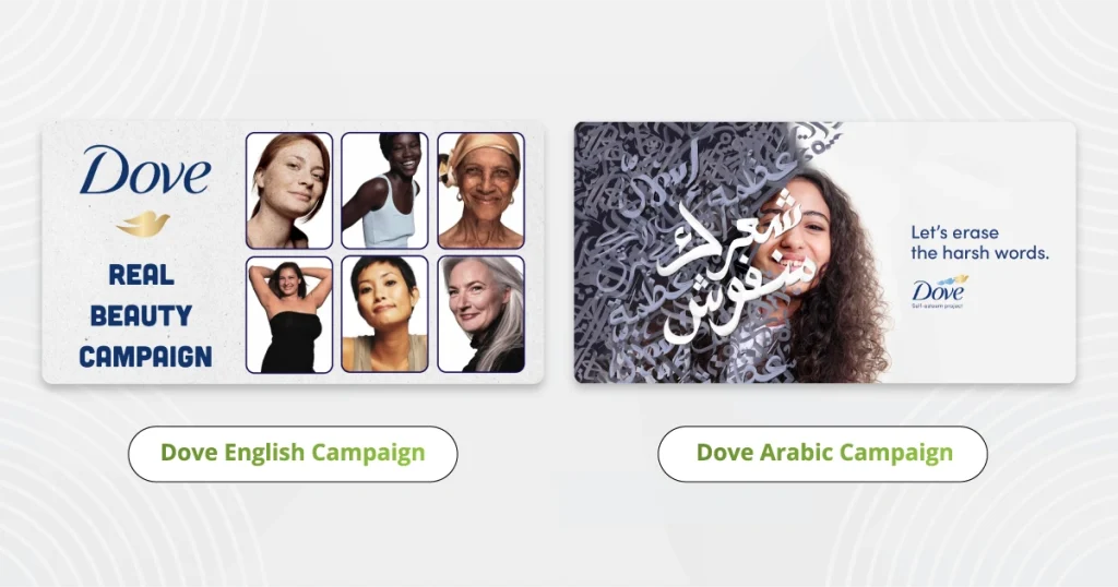 Visual from Dove's campaign highlighting real beauty, emphasizing diversity and challenging beauty stereotypes in multiple languages.