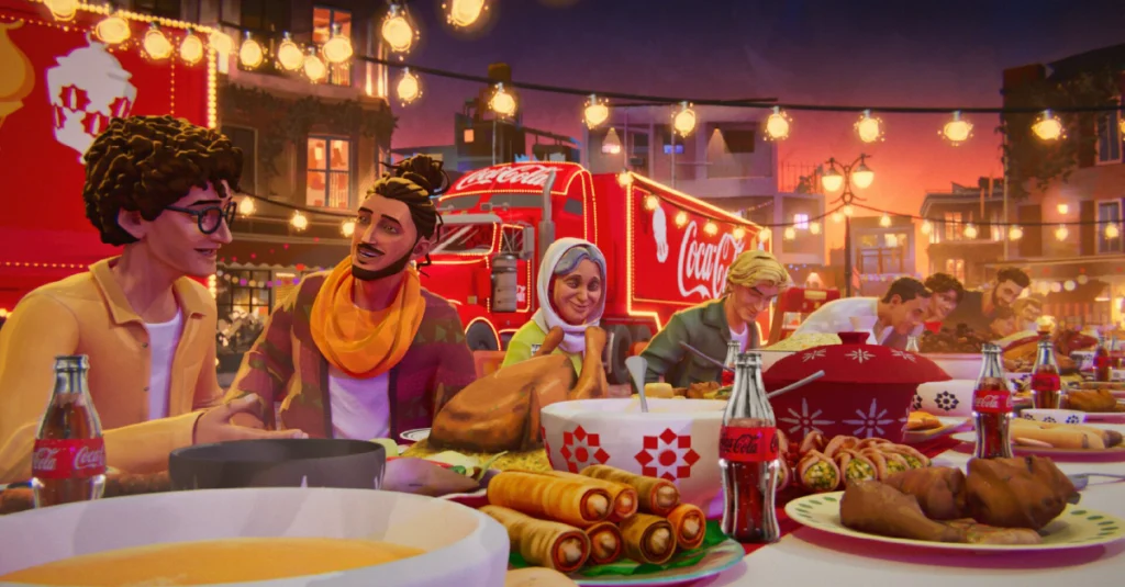 A diverse group of people enjoying a meal together at a table, emphasizing family and community during a festive occasion.