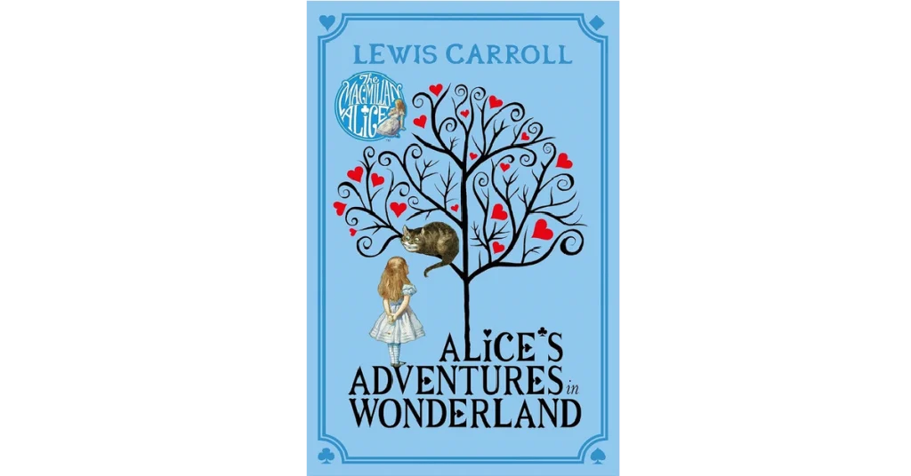 Book cover of "Alice's Adventures in Wonderland" featuring Alice surrounded by iconic characters and surreal scenery.
