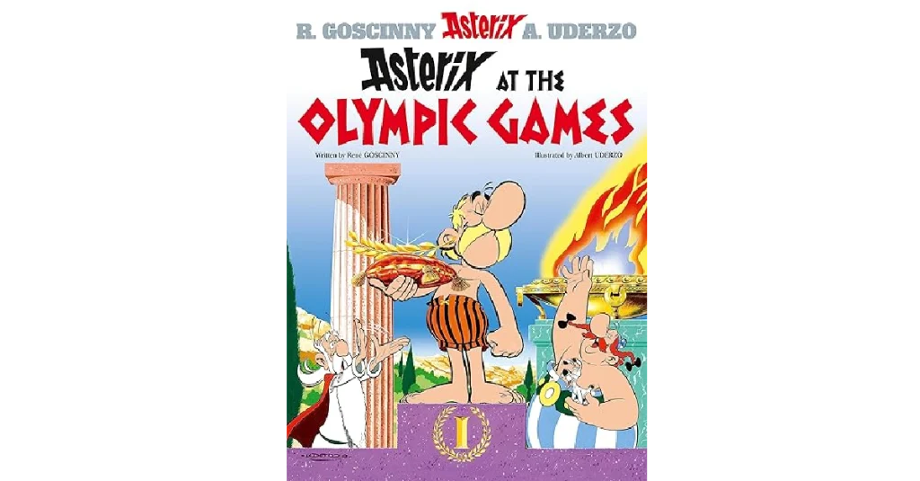 Asterix and Obelix on the Olympic Games cartoon cover, showcasing their adventurous spirit in a colorful, playful design.