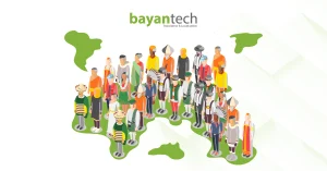 BayanTech illustration showing diverse people in traditional cultural attire standing on a world map, symbolizing global culturalization and localization services for international markets.