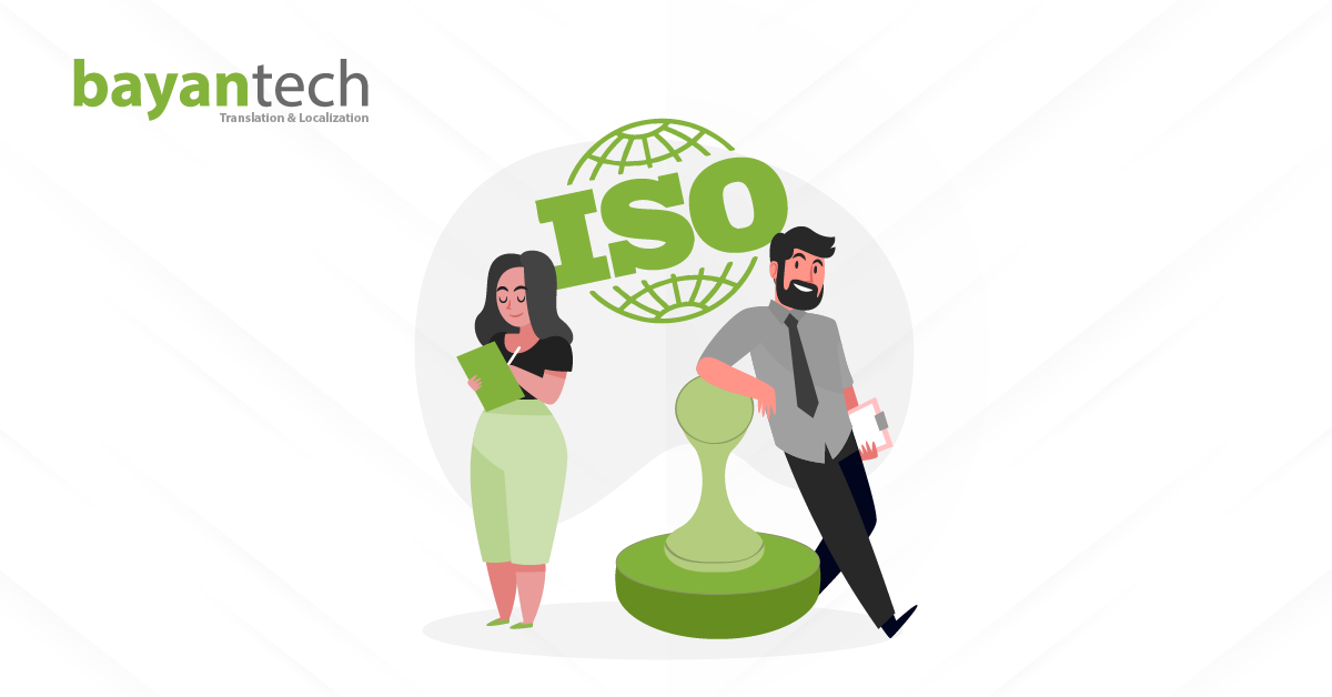 A professional illustration showing the basics of ISO certified translation, including the 17100, 18587, and 9001 standards for quality language services.