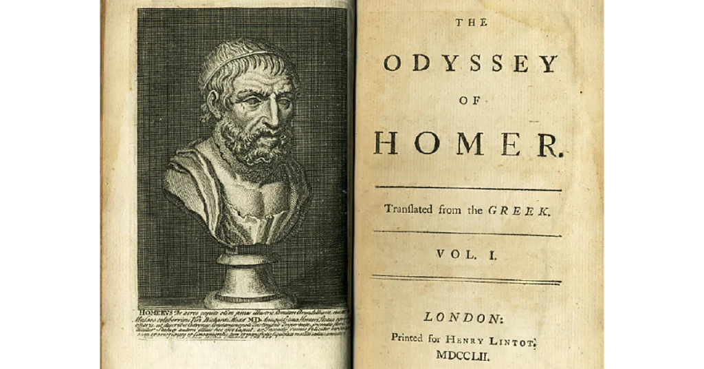 A historical 1752 title page of "The Odyssey" by Homer next to a bust of the poet, illustrating historical literary translation from Greek to English.