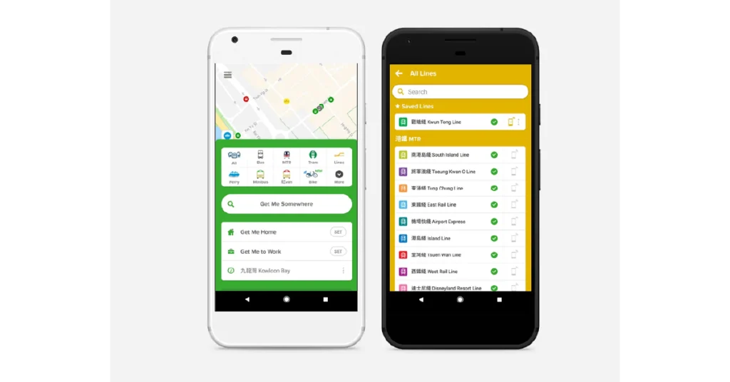 Comparison of two smartphones displaying a transit app: one in English with green UI and the other in Chinese with yellow UI, highlighting culturalization through language, color, and local transit line names.