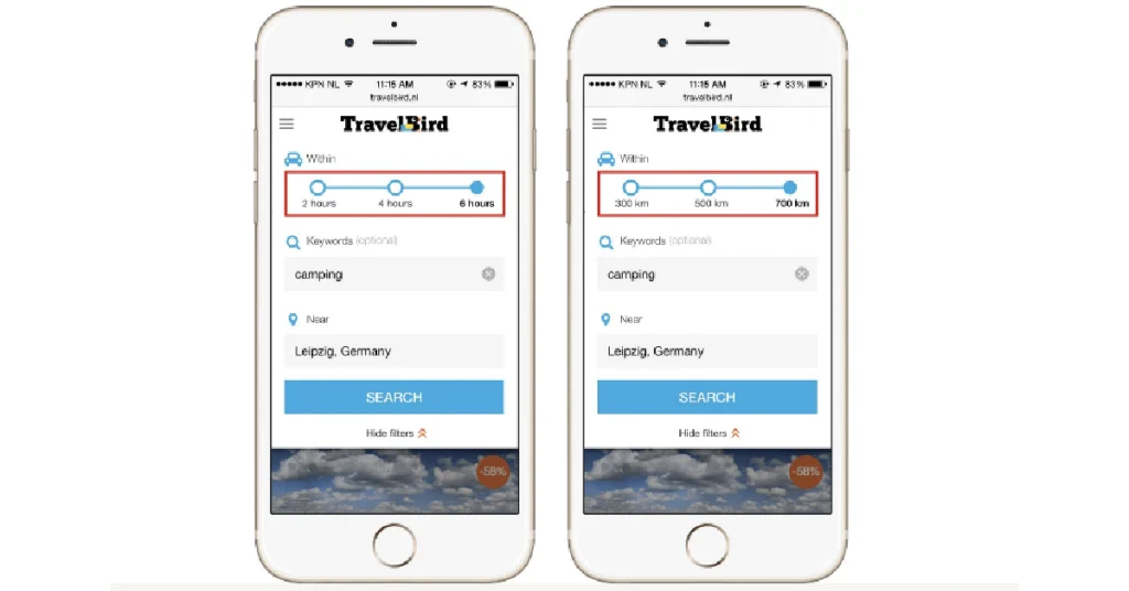 TravelBird app screenshot comparison showing cultural adaptation: one version uses time (hours) for distance, while the other uses kilometers, demonstrating regional preference in user interface design.