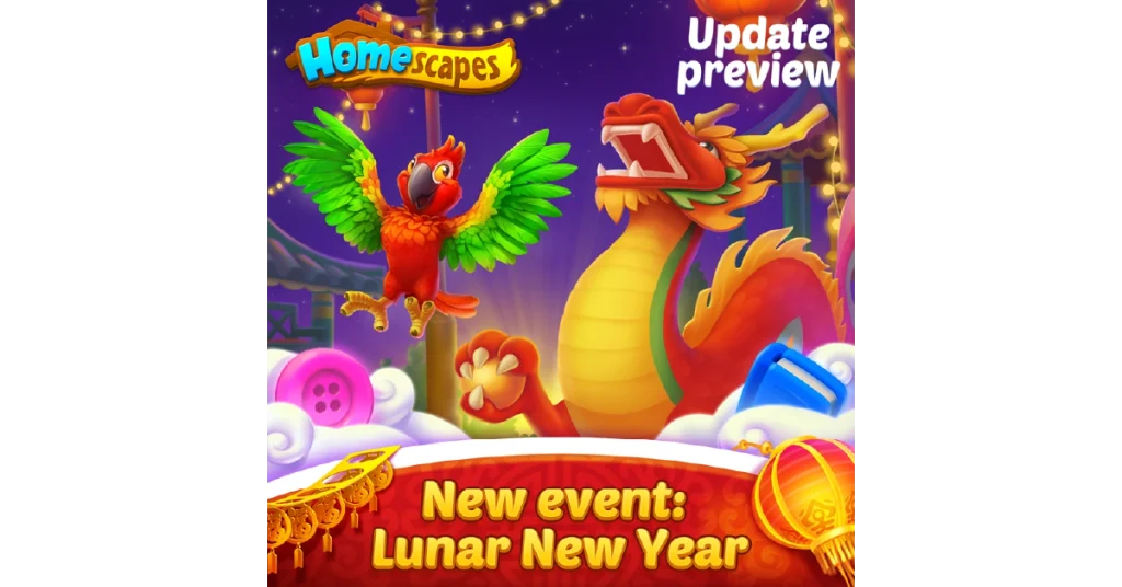 Homescapes game update preview featuring a Lunar New Year event with culturally relevant elements like a dragon and lanterns, showcasing successful culturalization for Asian markets.