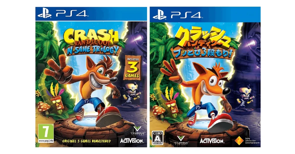 Comparison of Crash Bandicoot N. Sane Trilogy PS4 game covers: the English version with PEGI 7 rating and the Japanese version with CERO A rating and localized title, demonstrating culturalization through language, ratings, and regional branding.