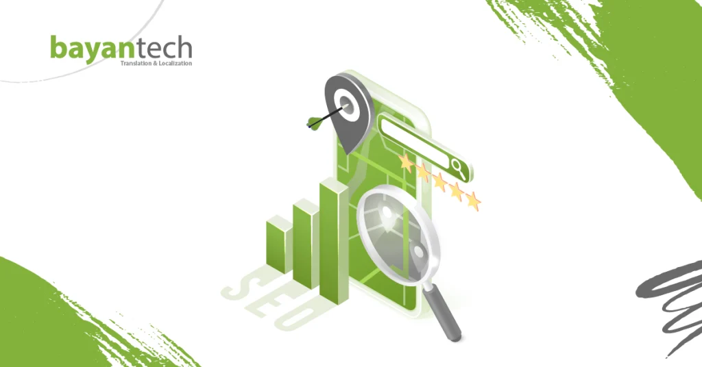 An isometric illustration showing a magnifying glass over a global map and a bar chart with "SEO" text, representing the core concepts of global SEO localization services.