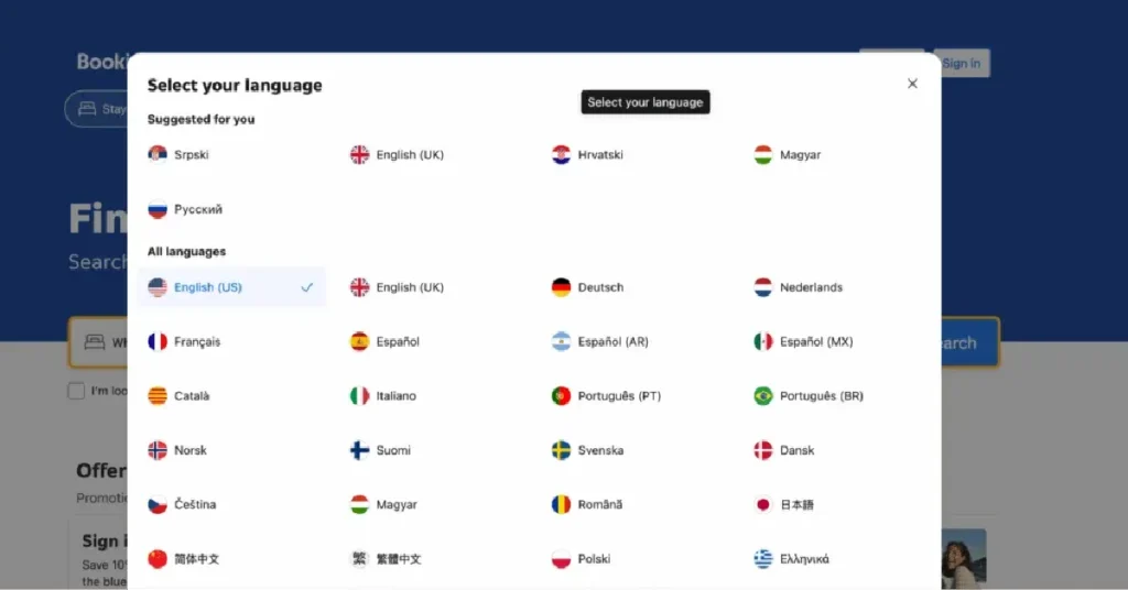 A screenshot of a website's language selection pop-up showing various regional flags and languages, serving as a case study on successful SEO localization and user experience.