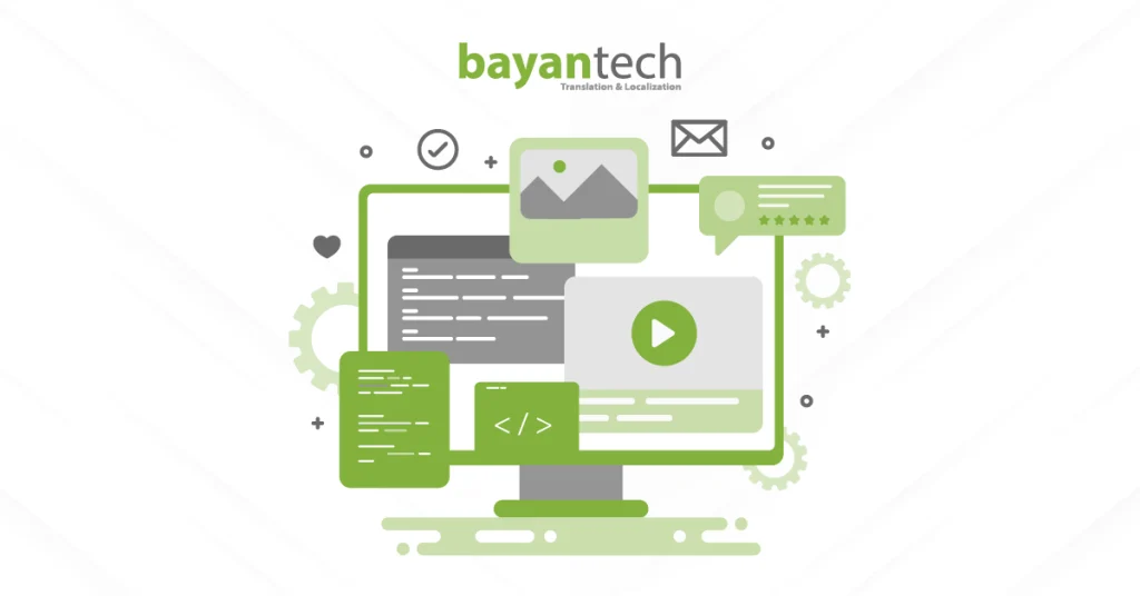An illustration of a computer screen showing code, multimedia, and text elements, representing how an effective CMS localization strategy helps scale localized websites without chaos.