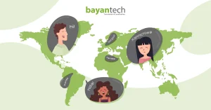 A colorful map with diverse characters saying "Hi," "Bonjour," and "Marhaba," representing the cultural nuances of how to translate slang language effectively.