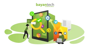 A digital illustration of professionals managing multiple social media platforms like Instagram and WhatsApp on a large tablet, representing the core of a social media localization strategy.