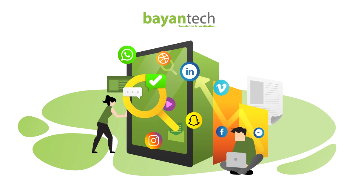 A digital illustration of professionals managing multiple social media platforms like Instagram and WhatsApp on a large tablet, representing the core of a social media localization strategy.