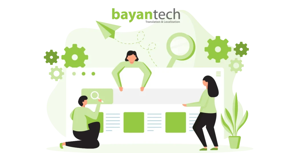 A creative illustration of a team collaborating on a digital interface, representing the technical and creative steps in a professional WordPress localization process.