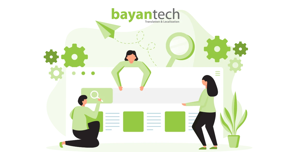 A creative illustration of a team collaborating on a digital interface, representing the technical and creative steps in a professional WordPress localization process.