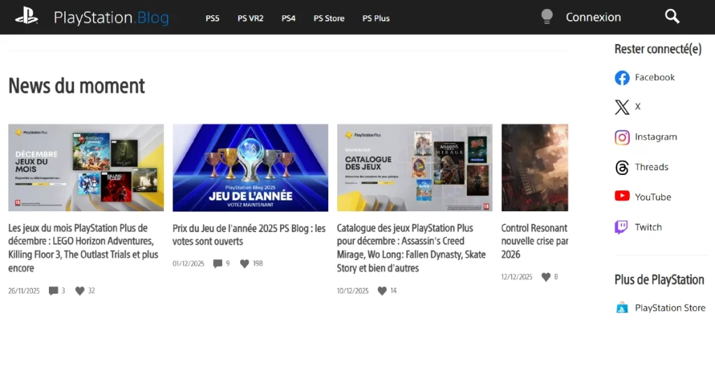 A screenshot of the PlayStation Blog interface in French, serving as a real-world localized WordPress website example for global gaming audiences.