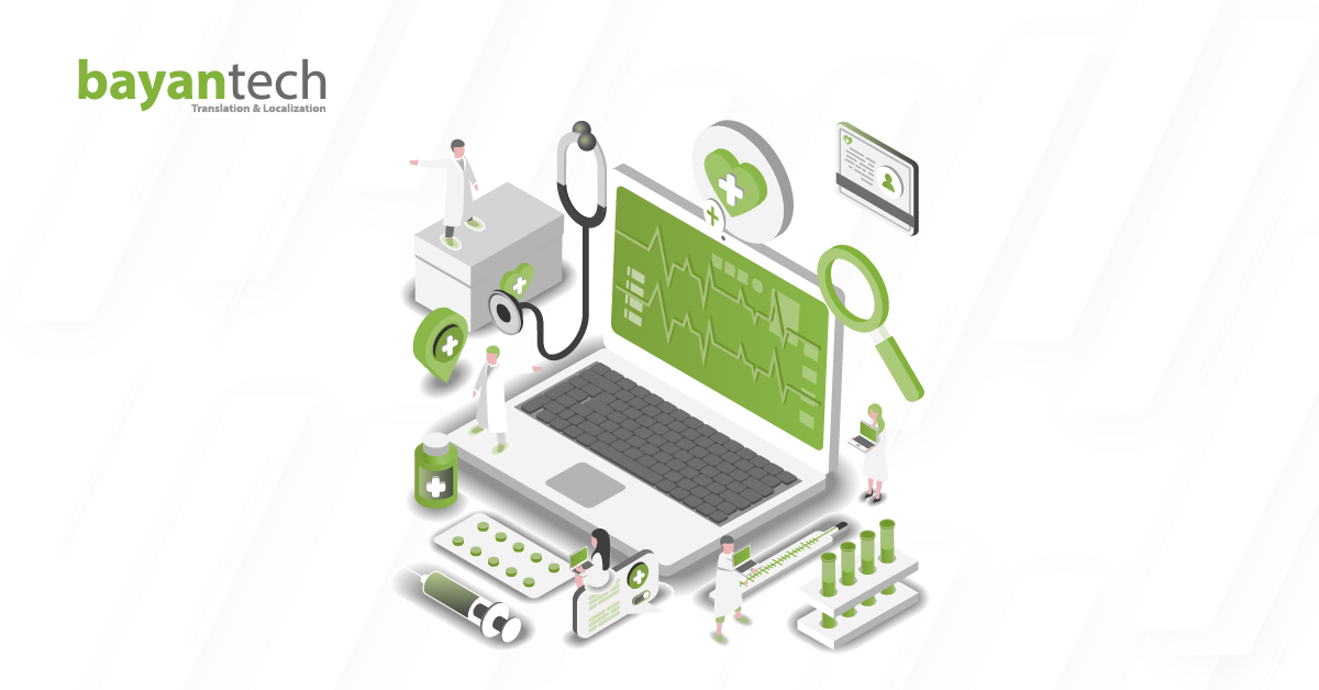 An isometric digital illustration of healthcare professionals interacting with a large laptop, stethoscope, and medication, representing the complex ecosystem of medical technology that necessitates precise EU MDR translation requirements.