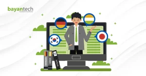 A digital illustration of two business professionals shaking hands next to a large speech bubble containing a globe and localization icons, representing a successful partnership with a language service provider.