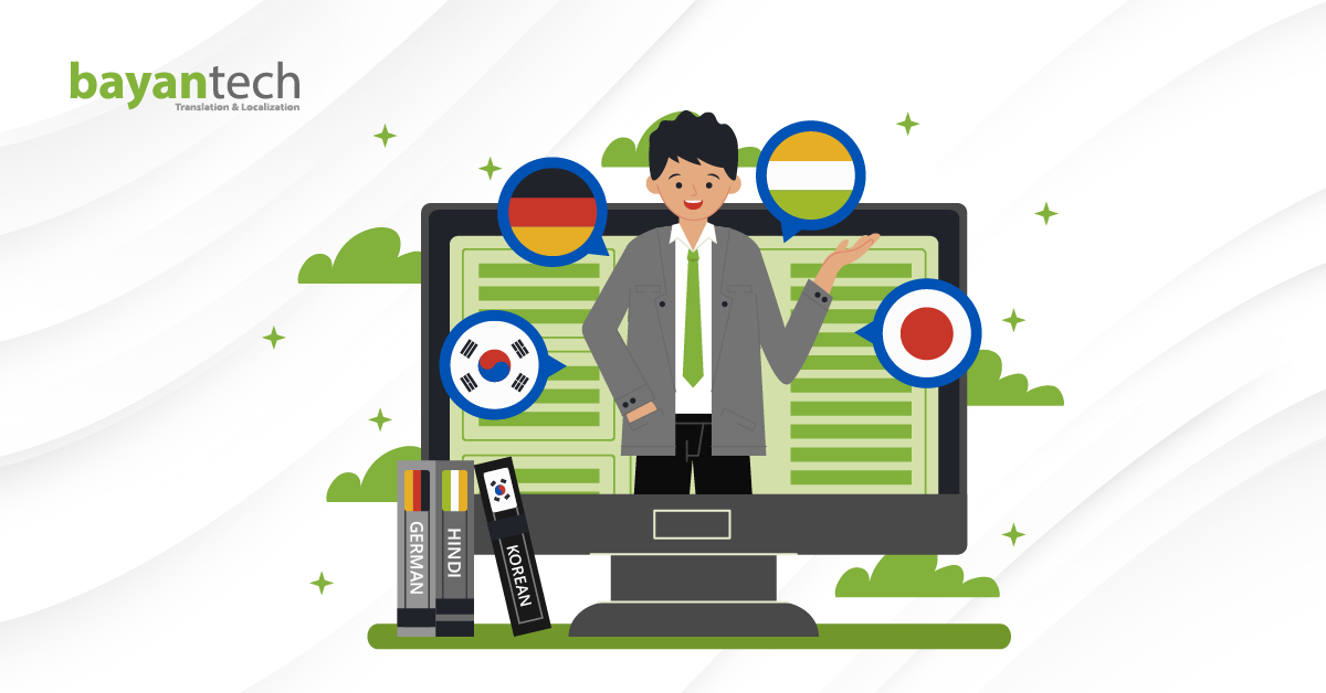 A digital illustration of two business professionals shaking hands next to a large speech bubble containing a globe and localization icons, representing a successful partnership with a language service provider.
