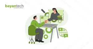 A digital illustration of a client shaking hands with a virtual translator through a computer screen, representing a seamless partnership and successful translation project management between clients and language service providers.