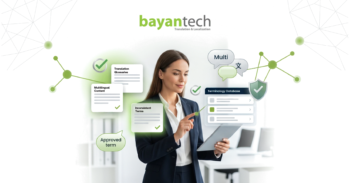 An infographic detailing a comprehensive translation glossary checklist for multilingual projects, outlining 9 critical steps including term extraction, subject-matter expert validation, and definition management.