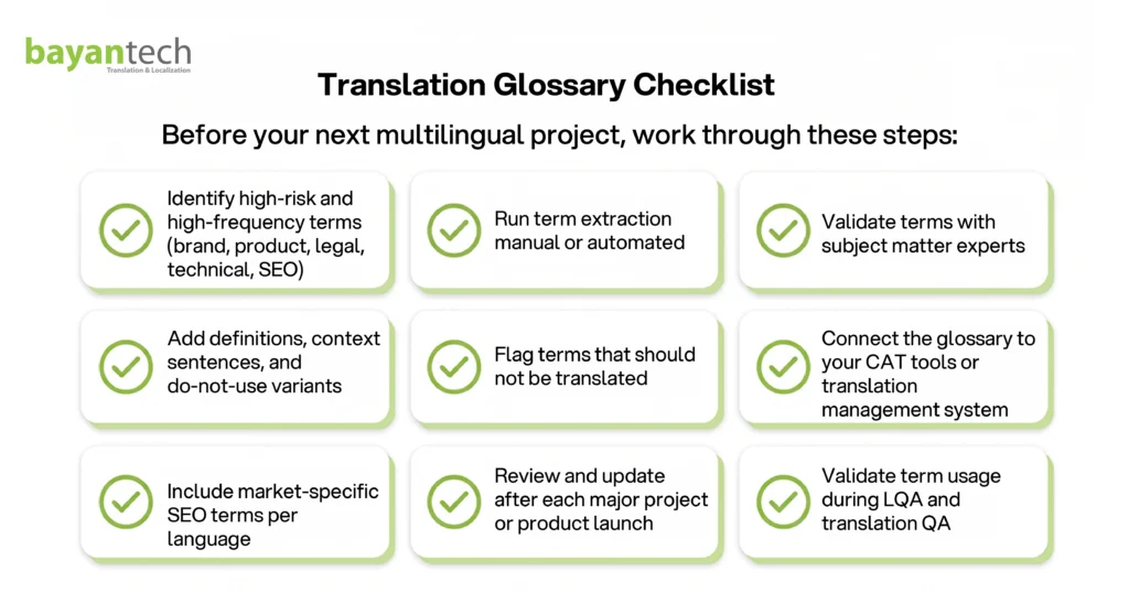A modern workspace illustration of a woman typing on a laptop alongside a diagram explaining the structural differences between a translation glossary storing terms and a termbase organizing them for accurate terminology management.