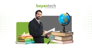 Terminology management for consistent localization showing a translator with books, globe, and language resources for multilingual content accuracy.