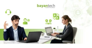 A workplace photograph illustrating the distinction between a translator vs interpreter, showing a male interpreter using a headset for live communication alongside a female translator focusing on digital text on a laptop.