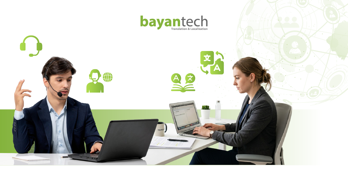 A workplace photograph illustrating the distinction between a translator vs interpreter, showing a male interpreter using a headset for live communication alongside a female translator focusing on digital text on a laptop.