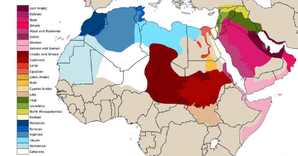A detailed, color-coded geographical map illustrating the vast distribution of various arabic language facts and regional dialects spoken across North Africa and the Middle East.
