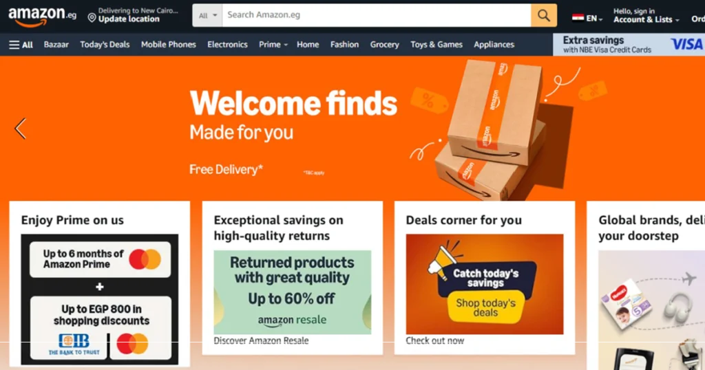 English Amazon Egypt website interface showing Arabic localization comparison for e-commerce content, navigation, and user experience.