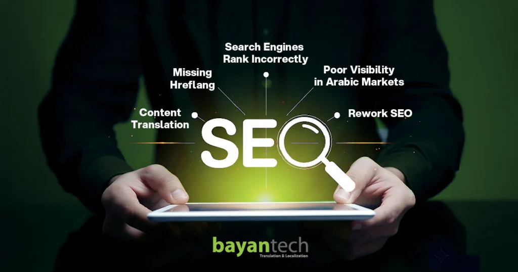 Arabic SEO localization challenges showing missing hreflang, content translation issues, incorrect search engine ranking, poor Arabic market visibility, and SEO rework.