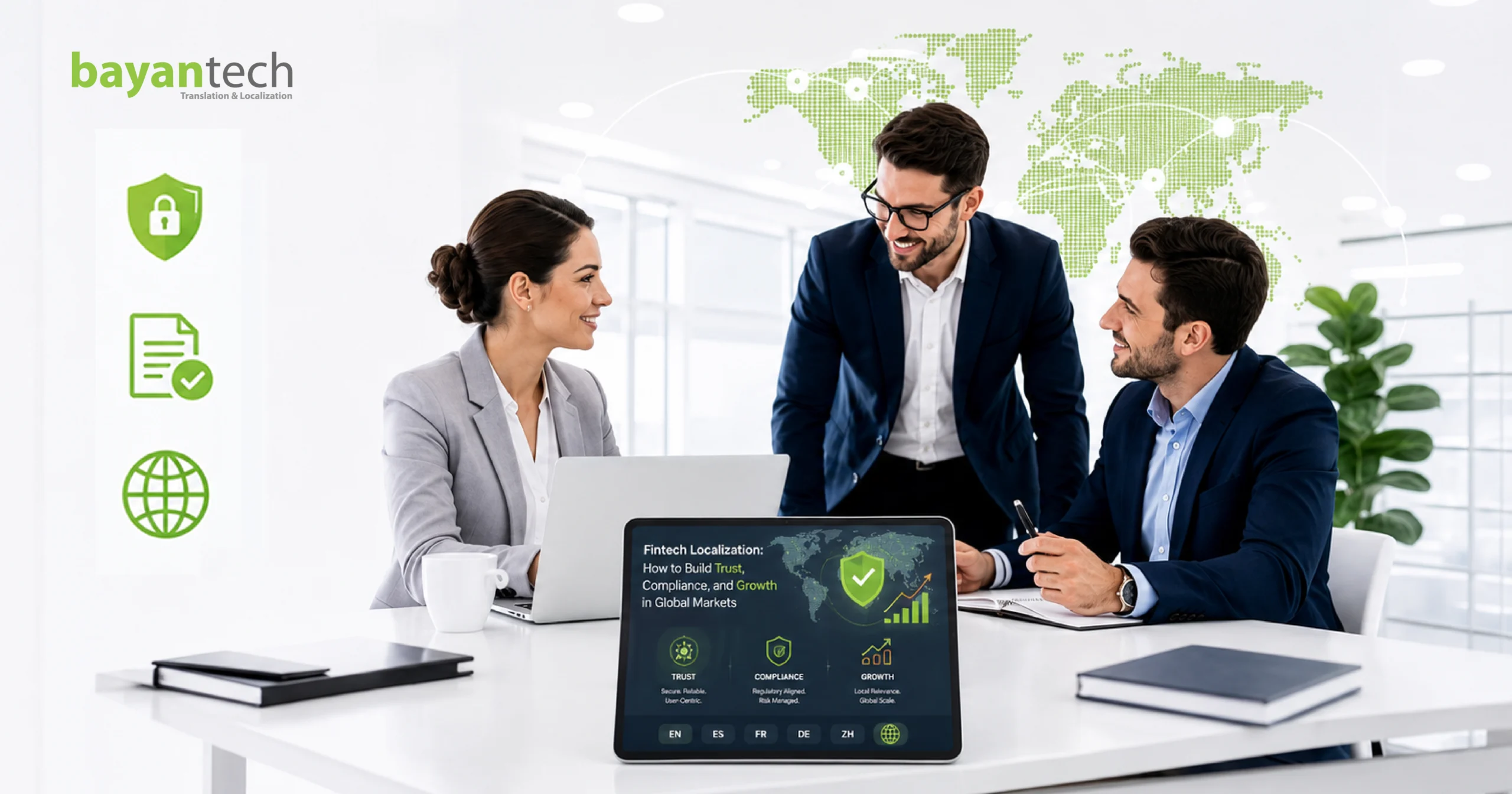 Fintech localization for global financial services showing secure multilingual payment experiences, regulatory compliance, trust, and international growth.