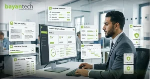 Translation technology platform showing CAT tool interface, translation memory, terminology database, machine translation, QA checks, project tracking, and data security.