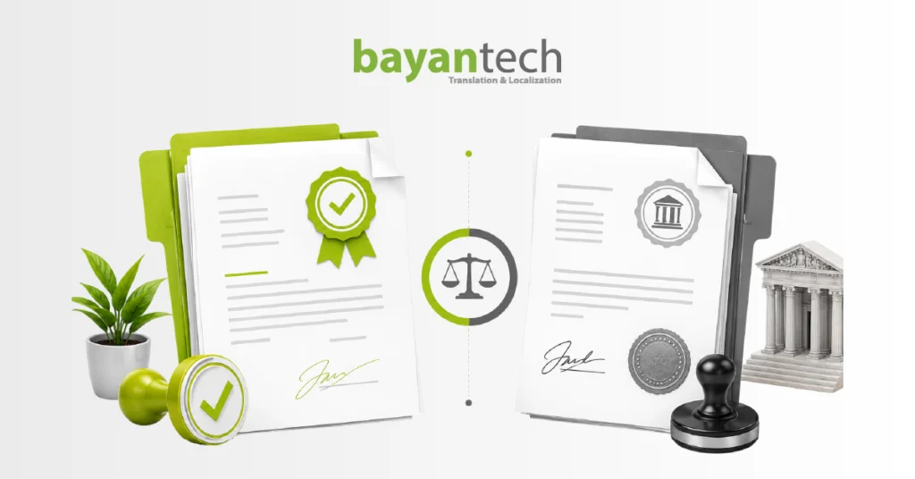 Certified vs sworn translations illustrated with authenticated documents, official seals, legal stamps, and government authority symbols.
