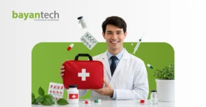 Pharmaceutical translation in 2026 showing a healthcare professional with medicines, vaccines, and a medical kit for multilingual pharmaceutical content.