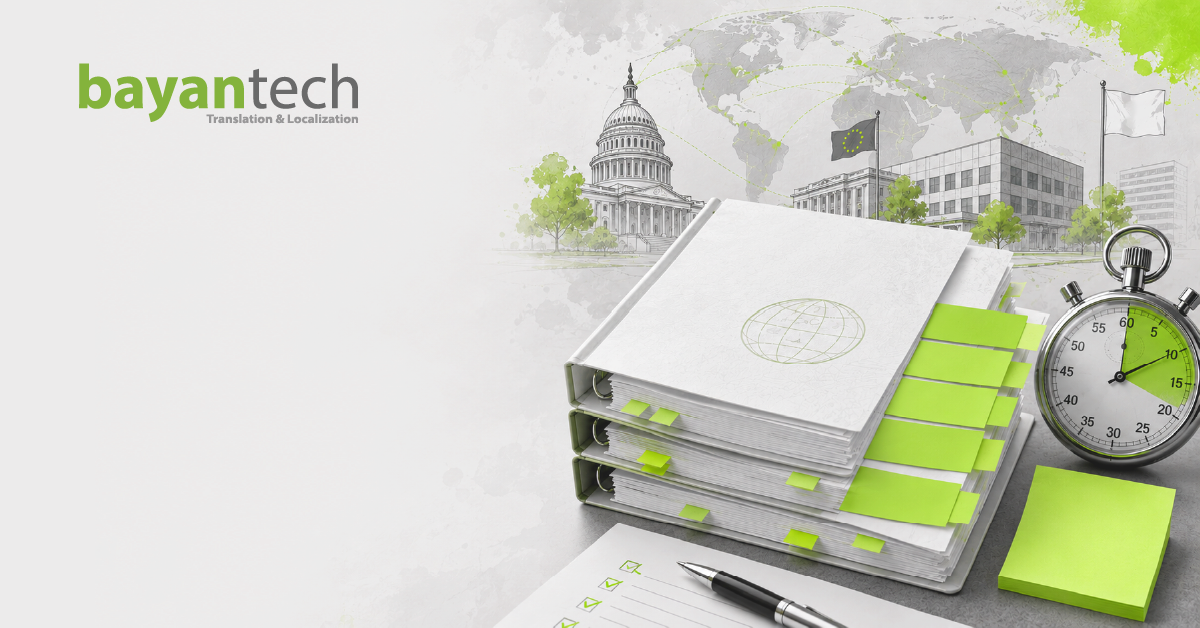 Regulatory submission translation showing compliance documents, government authorities, global markets, and deadline management for multilingual filings.