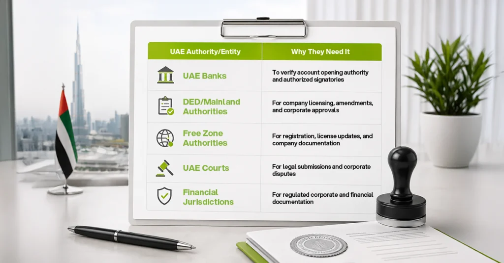 UAE board resolution translation requirements for banks, mainland authorities, free zones, courts, and financial jurisdictions.