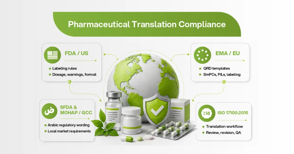 Pharmaceutical translation compliance requirements for FDA, EMA, SFDA, MOHAP, GCC markets, and ISO 17100 quality standards.